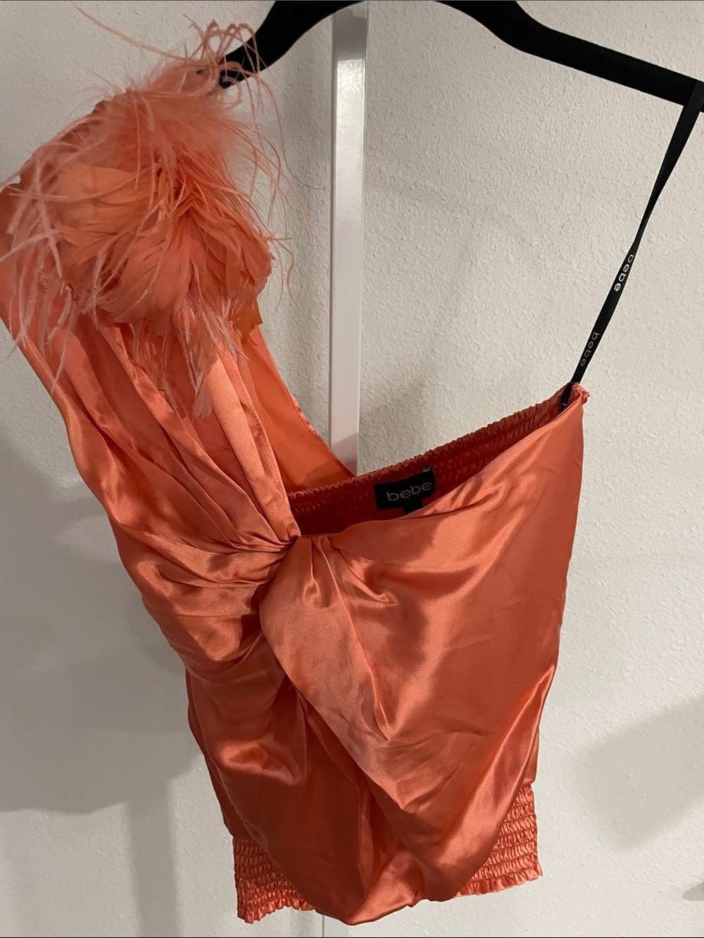 bebe Coral Satin One-Shoulder Feather-Pin top